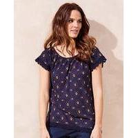 Navy Print Crochet Trim Gypsy Jersey Top