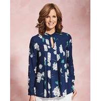 Navy Floral Stand Collar Pleat Blouse