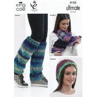 Neck Wrap, Hat, Scarf, Cowl, Cabled Shoulder Wrap and Leg Warmers in King Cole Ultimate Super Chunky (4123)