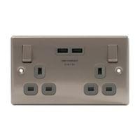 Nexus 13A Brushed Steel Switched Twin Socket & 2 x USB