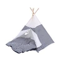 New Portable Foldable Indoor Outdoor Cute Pet Kennel Supplies Washable Durable Navy/Red Striped Style Dog Cat Teepee House Tent and Pet Bed Mat for Li