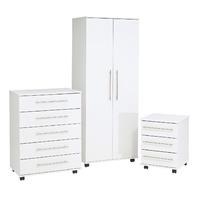 New York 2 Door Wardrobe, 5 Drawer Chest and 3 Drawer Bedside Set White Gloss