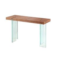 newark wooden console table with bent glass legs