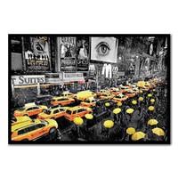 New York Taxis And Umbrellas Poster Black Framed - 96.5 x 66 cms (Approx 38 x 26 inches)