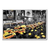 New York Taxis And Umbrellas Poster Silver Framed - 96.5 x 66 cms (Approx 38 x 26 inches)