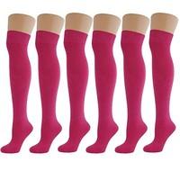 New Women Ladies Over The Knee Casual Formal Plain Cotton Socks Pink Fuchsia (6 Pack)