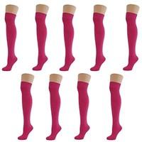 New Women Ladies Over The Knee Casual Formal Plain Cotton Socks Pink Fuchsia (9 Pack)