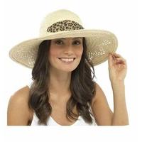 New Ladies Straw Style Wide Brim Elasticated Summer Sun Hat With Leopard Band