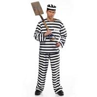 New Mens Classic Stag Jailbird Con Prisoner Inmate Full Fancy Dress Costume Plus Black White Stripe Convict Inmate