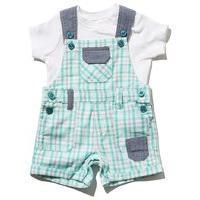 Newborn boy 100% cotton checked dungarees and short sleeve t-shirt summer outfit set - Blue