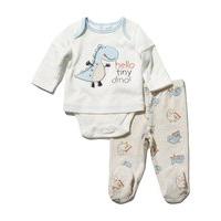 Newborn boy 100% cotton dinosaur applique long layered sleeve bodysuit and integral feet jogger set - Cream