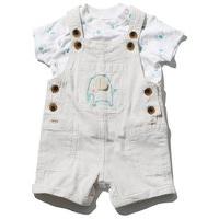 Newborn boys short sleeve elephant print button fastening top and dungarees outfit set - Stone
