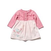 Newborn Baby Girls Cotton Pink Mock Cardigan Bird Applique Striped Skirt Integral Bodysuit Dress - Pink