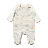 Newborn Baby Boys Long Sleeve Dinosaur Print Intergal Feet Popper Fastening Dungarees And Top Set - Oatmeal