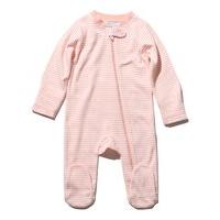 Newborn girl long sleeve pink white stripe pattern zip front fastening integral feet sleepsuit - Pink