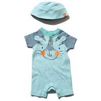 Newborn boy short sleeve popper fastening tiger face design rompersuit with matching sun hat - Mint