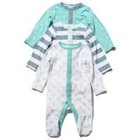 Newborn boys long sleeve elephant stripe and star print pure cotton sleepsuits three pack - White