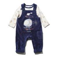 Newborn boy cotton rich navy cord helicopter applique dungaree and printed long sleeve top set - Blue