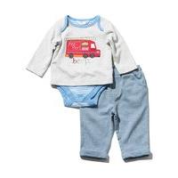 Newborn baby boy long sleeve fire engine design top bodysuit and joggers two piece set - Grey Marl