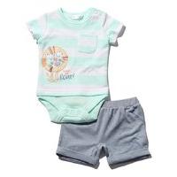 Newborn boy mint stripe pattern tiger applique and slogan bodysuit and shorts outfit set - Mint