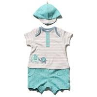 Newborn boy short sleeve envelope neckline mock top and shorts elephant applique rompersuit and hat - Oatmeal