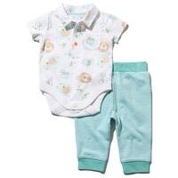 Newborn boys short sleeve jungle print polo shirt style cotton rich bodysuit and cuffed joggers set - White