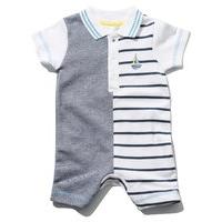Newborn boy 100% cotton short sleeve blue stripe pattern boat emblem polo shirt rompersuit - Navy