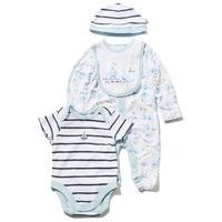 Newborn boys cotton rich boat and whale theme sleepsuit bodysuit bib and hat four piece starter set - Light Blue
