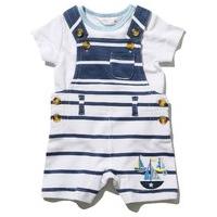 Newborn boys 100% cotton white and navy striped boat applique button dungarees and t-shirt set - White