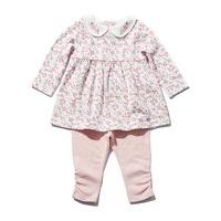 Newborn girls cotton long sleeve floral print peter pan collar smock top and rouched leggings set - Light Pink