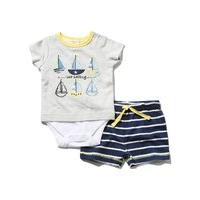 Newborn boy 100% cotton short sleeve mock t-shirt boat applique bodysuit and blue stripe shorts set - Grey Marl