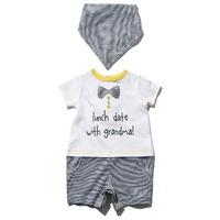 Newborn boy cotton rich short sleeve mock top and shorts grandma slogan rompersuit and bib set - White