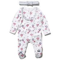 Newborn baby girl floral frill bib front integral feet sleepsuit and headband set - White