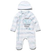 Newborn baby boy long sleeve stripe pattern integral feet born in 2017 slogan sleepsuit and hat set - Blue