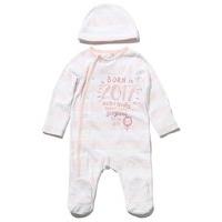 Newborn baby girl long sleeve stripe pattern integral feet born in 2017 slogan sleepsuit and hat set - Pink