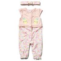 Newborn girl cotton rich short sleeve mock cardigan fruit print cuffed rompersuit and headband set - Pink
