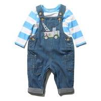 Newborn baby boy chambray truck applique dungaree and long sleeve blue & white stripe top outfit set - Chambray