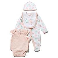 Newborn girl pear and polka dot frill trim popper buttons slogan sleepsuit bodysuit bib and hat set - Light Pink
