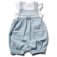 Newborn girl cotton blue chambray short sleeve frill detail daisy applique dungaree and t-shirt set - Chambray