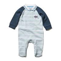 Newborn boy navy long sleeve stripe pattern aeroplane applique integrated feet polo sleepsuit - Blue