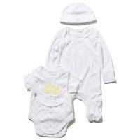 Newborn unisex cotton rich duck polka dot pattern sleepsuit bodysuit bib and hat four piece set - White