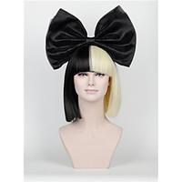 New Short paragraph Hair Bow Set Long Bangs Half Black Half Blonde Sia Styling Party Wigs High - end mesh black Big bow
