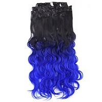 Neitsi 60cm 165g Curl Wavy Clip in on Hair Extension Ombre Blue Synthetic Hair Weft 8Pcs/Set Colour Choose