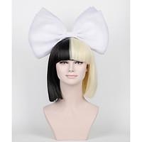 New Short paragraph Hair Bow Set Long Bangs Half Black Half Blonde Sia Styling Party Wigs High - end mesh white Big bow