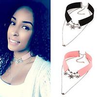 New Arrival ZA Leather Rope Crystal Flower Double Chain Necklaces Pendants Vintage Rhinestones Collar Choker Necklace