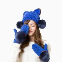 New Fashion Winter Women Knitted Mittens Contrast Color Faux Fur Cat Ears Warm Gloves