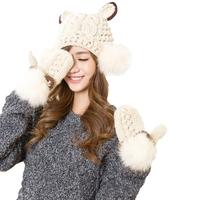 New Fashion Winter Women Knitted Mittens Contrast Color Faux Fur Cat Ears Warm Gloves