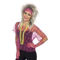 neon pink womens lace net vest with gloves and headband