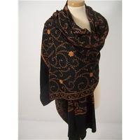 NEW Black High Quality Indian Wool Wrap with tan and orange Embroidery