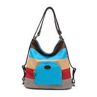 New Fashion Women Canvas Shoulder Bag Striped Splice Large Capacity Casual Backpack Handbag Crossbody Bag Khaki/Blue